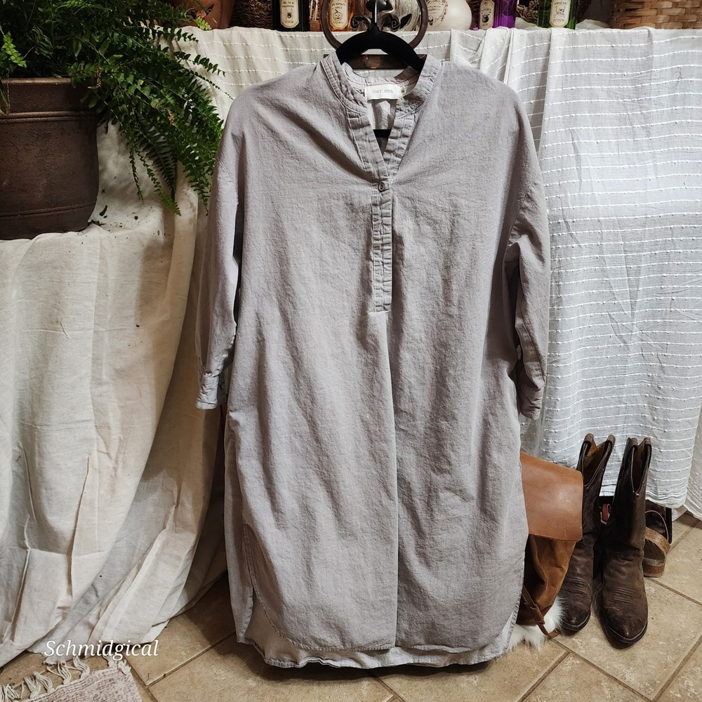 Mer-Sea Grey Cotton Shirt Dress XL Henley Midi Tunic Pockets Coastal Long Sleeve